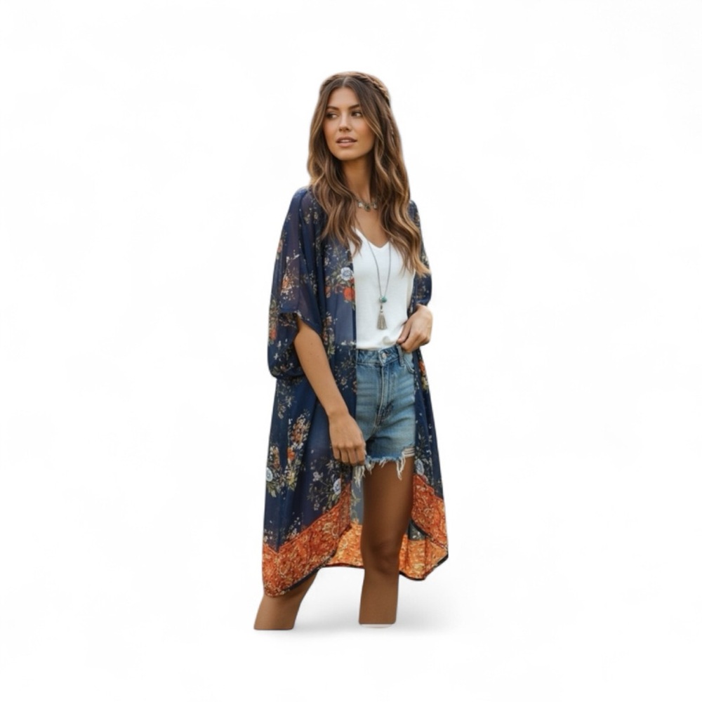 Live 4 Truth Navy Floral Sheer Lightweight Chiffon Short Kimono Cover Up